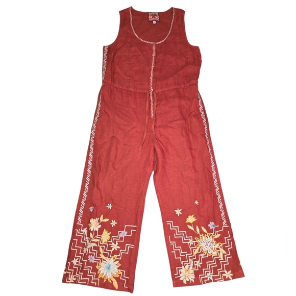 Johhny Was Elia Linen Tie Embroidered Wide-Leg Jumpsuit in Rust Size M - Picture 3 of 9